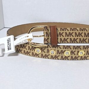 NWT Womens Tan Michael Kors Logo Monogram Gold Buckle Belt 42.5 Inch XL Unisex